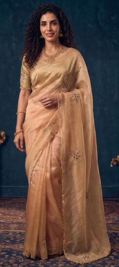 Pink and Majenta color Saree in Organza Silk fabric with Bugle Beads, Zircon work