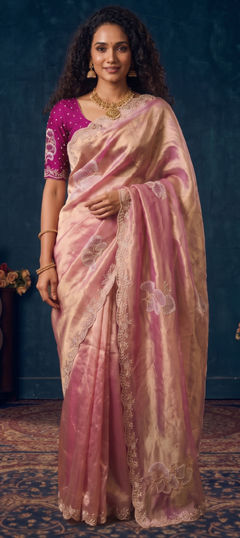 Pink and Majenta color Saree in Organza Silk fabric with Bugle Beads, Zircon work