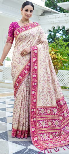 White and Off White color Saree in Silk fabric with Weaving work