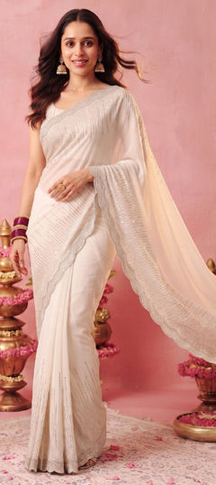White and Off White color Saree in Georgette fabric with Bugle Beads, Embroidered work