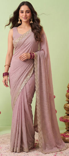 Purple and Violet color Saree in Georgette fabric with Bugle Beads, Embroidered work