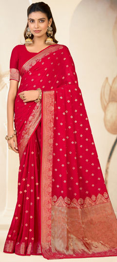 Pink and Majenta color Saree in Silk fabric with Weaving work