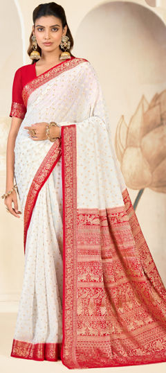 White and Off White color Saree in Silk fabric with Weaving work