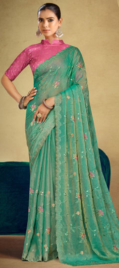 Blue color Saree in Georgette fabric with Embroidered work
