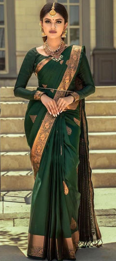 Green color Saree in Silk fabric with Weaving work