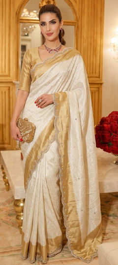 Beige and Brown color Saree in Kanjeevaram Silk fabric with Border, Bugle Beads, Cut Dana, Embroidered, Sequence work