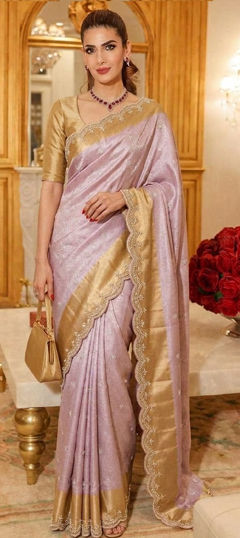 Purple and Violet color Saree in Kanjeevaram Silk fabric with Border, Bugle Beads, Cut Dana, Embroidered, Sequence work