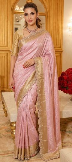Pink and Majenta color Saree in Kanjeevaram Silk fabric with Border, Bugle Beads, Cut Dana, Embroidered, Sequence work