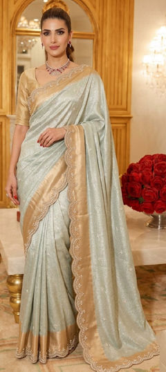 Green color Saree in Kanjeevaram Silk fabric with Border, Bugle Beads, Cut Dana, Embroidered, Sequence work