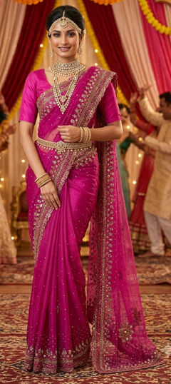 Blue, Pink and Majenta color Saree in Silk fabric with Embroidered, Sequence, Thread, Zari work