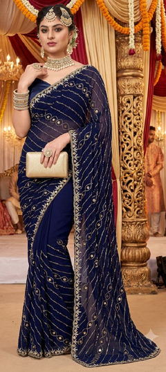 Blue color Saree in Georgette fabric with Cut Dana, Sequence, Thread work