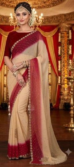 Beige and Brown color Saree in Chiffon fabric with Bugle Beads, Sequence work