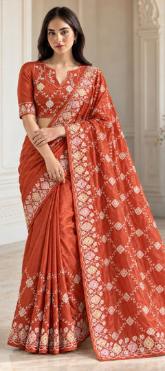Orange color Saree in Silk fabric with Embroidered work