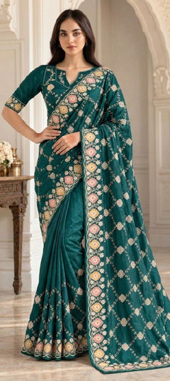 Blue color Saree in Silk fabric with Embroidered work