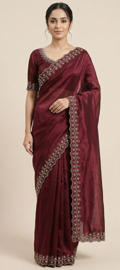 Red and Maroon color Saree in Silk fabric with Stone, Zircon work