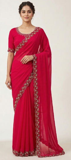 Red and Maroon color Saree in Silk fabric with Stone, Zircon work