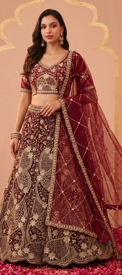 Red and Maroon color Lehenga in Net fabric with Bugle Beads work