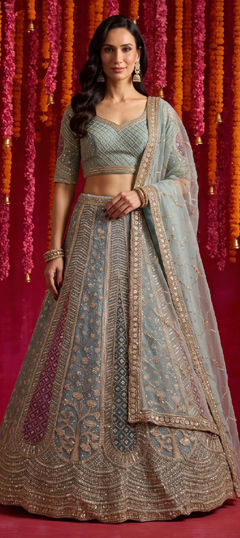 Blue color Lehenga in Net fabric with Bugle Beads, Sequence work