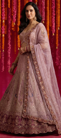 Purple and Violet color Lehenga in Net fabric with Bugle Beads, Patch, Sequence work