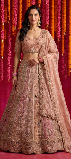 Pink and Majenta color Lehenga in Organza Silk fabric with Bugle Beads, Sequence work
