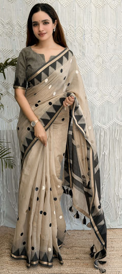 Beige and Brown color Saree in Cotton fabric with Embroidered, Thread work