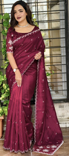 Purple and Violet color Saree in Tussar Silk fabric with Embroidered, Thread work