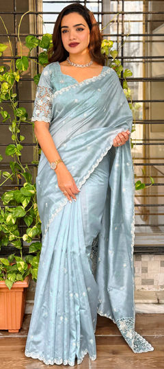 Blue color Saree in Tussar Silk fabric with Embroidered, Thread work