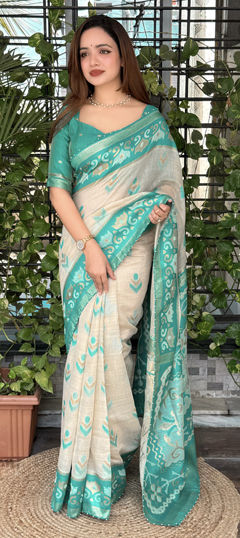 Beige and Brown color Saree in Linen fabric with Thread, Weaving, Zari work