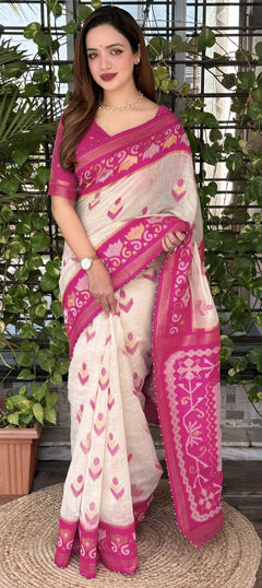 White and Off White color Saree in Linen fabric with Thread, Weaving, Zari work