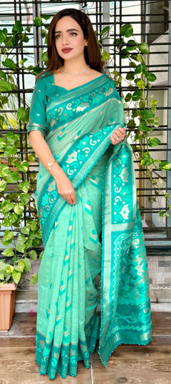 Green color Saree in Linen fabric with Thread, Weaving, Zari work