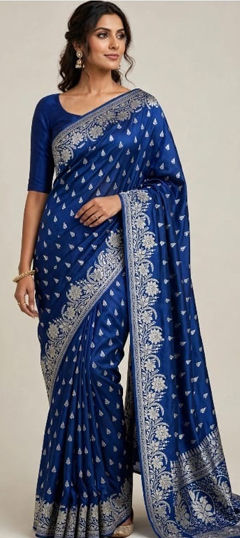 Blue color Saree in Silk fabric with Embroidered, Weaving work
