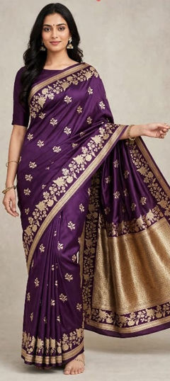 Purple and Violet color Saree in Silk fabric with Embroidered, Weaving work