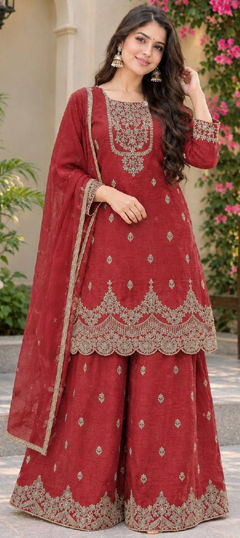 Red and Maroon color Salwar Kameez in Crushed Silk fabric with Embroidered, Sequence work