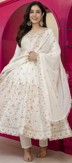 White and Off White color Salwar Kameez in Georgette fabric with Embroidered, Sequence, Thread, Zari work
