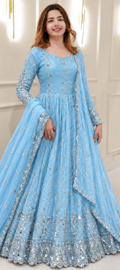 Blue color Salwar Kameez in Tissue fabric with Embroidered, Sequence work
