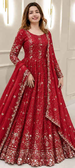 Red and Maroon color Salwar Kameez in Tissue fabric with Embroidered, Sequence work