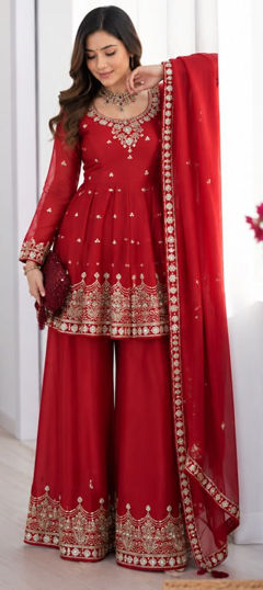 Red and Maroon color Salwar Kameez in Tissue fabric with Embroidered, Sequence work