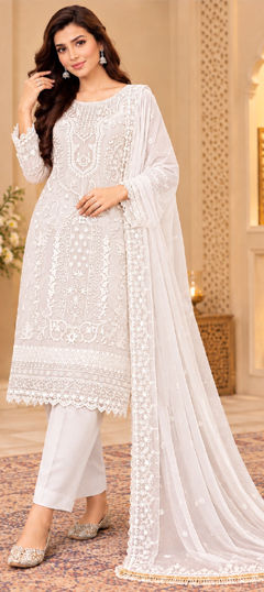 White and Off White color Salwar Kameez in Georgette fabric with Embroidered work