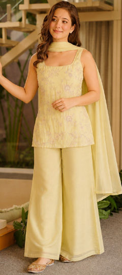 Yellow color Salwar Kameez in Faux Georgette fabric with Embroidered, Thread work