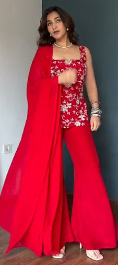 Red and Maroon color Salwar Kameez in Faux Georgette fabric with Embroidered, Thread work