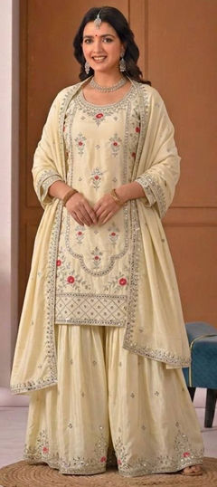 Beige and Brown color Salwar Kameez in Crepe Silk fabric with Embroidered, Sequence work