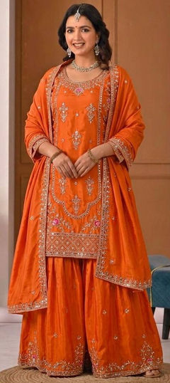 Orange color Salwar Kameez in Crepe Silk fabric with Embroidered, Sequence work