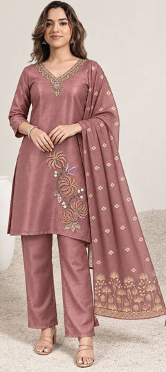 Pink and Majenta color Salwar Kameez in Roman fabric with Bugle Beads, Embroidered work