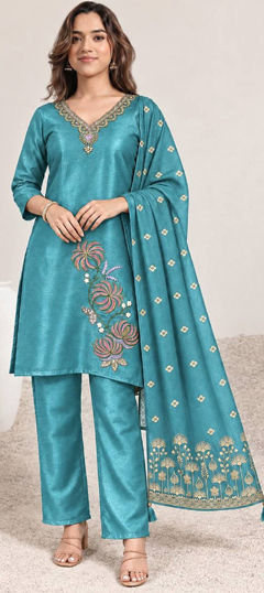 Blue color Salwar Kameez in Roman fabric with Bugle Beads, Embroidered work