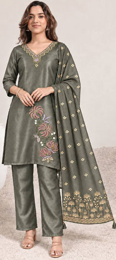 Black and Grey color Salwar Kameez in Roman fabric with Bugle Beads, Embroidered work