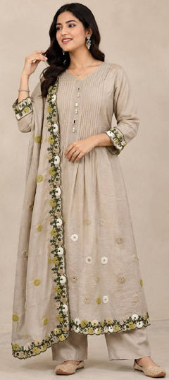 Beige and Brown color Salwar Kameez in Mul Chanderi fabric with Embroidered, Sequence work