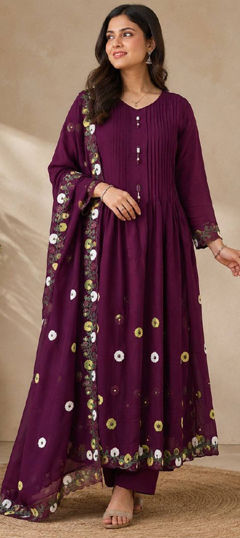Purple and Violet color Salwar Kameez in Mul Chanderi fabric with Embroidered work