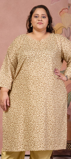 Beige and Brown color Kurti in Cotton fabric with Digital Print work