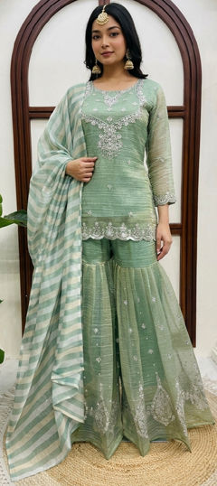 Green color Salwar Kameez in Silk fabric with Embroidered, Sequence, Thread work