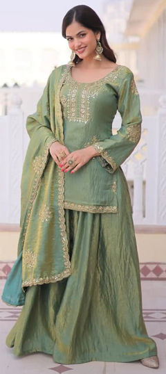 Green color Salwar Kameez in Tissue fabric with Embroidered, Sequence work